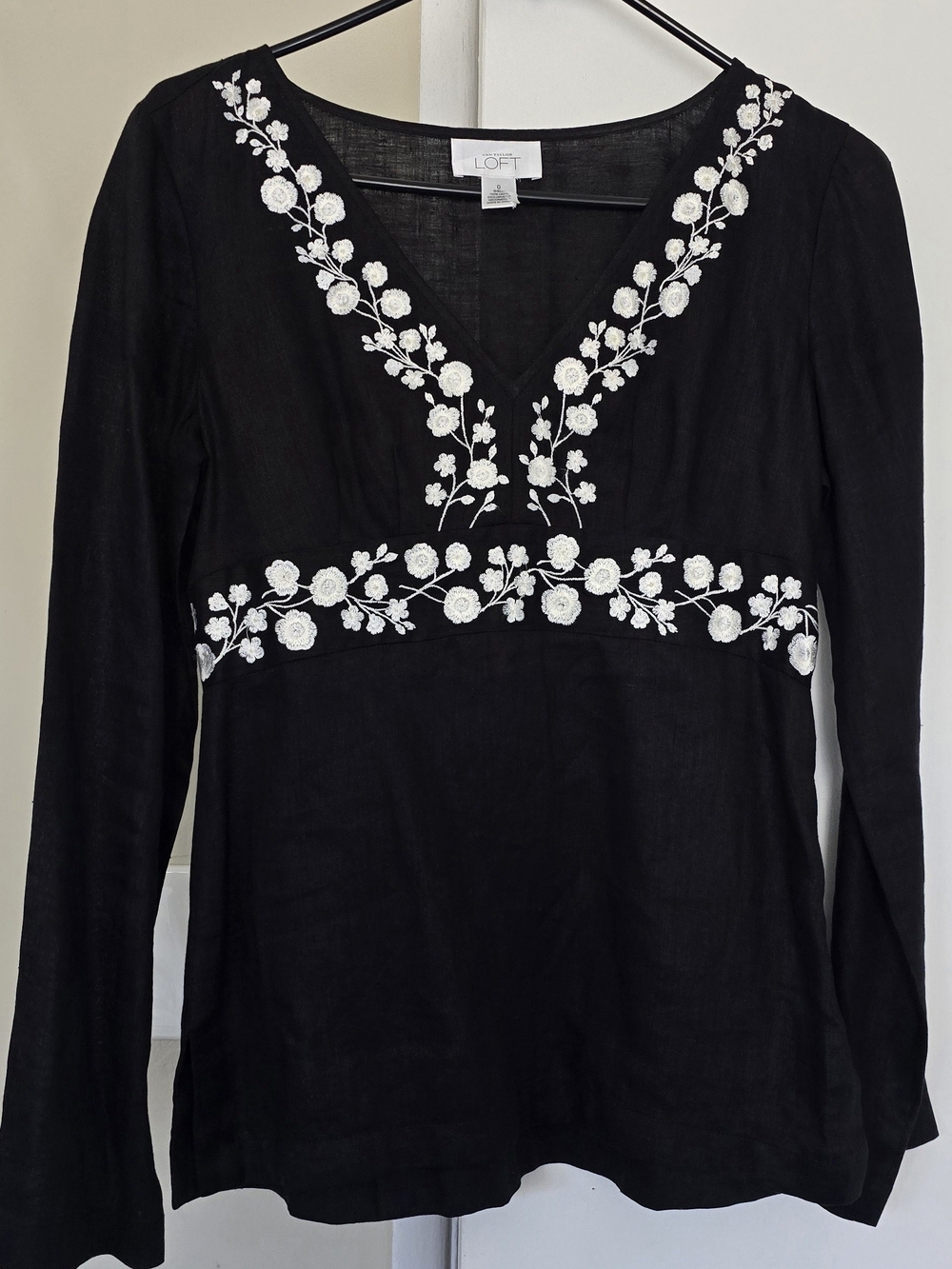 LOFT Black V-Neck Long-Sleeve Top with White Floral Embroidery